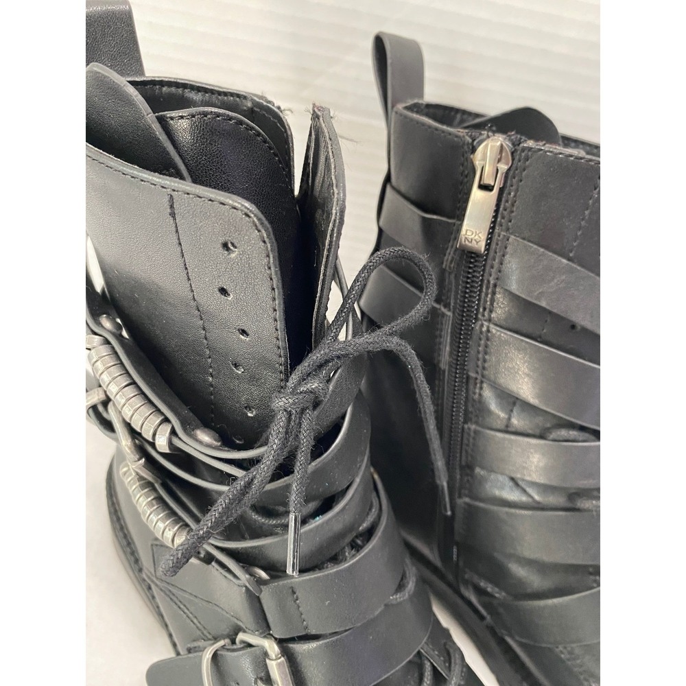 DKNY Combat Boots Women 6M Black Multi-Strap Buckle Moto Side Zip Lace Up Buckle - Picture 3 of 14